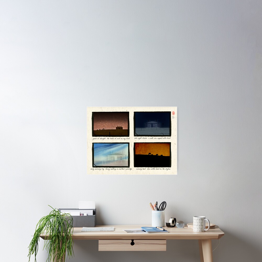 Farm house in four views with haiku Poster