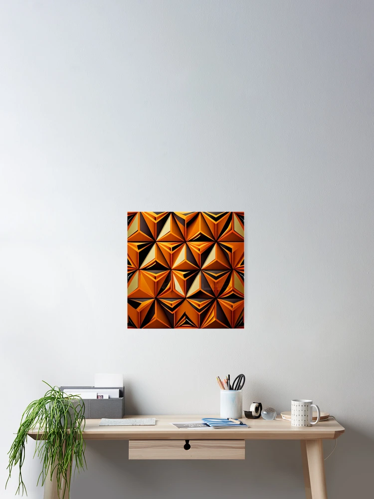 Aperçu 2 sur 3. Poster avec l'œuvre Futuristic Triangular Orange Traditional Pattern Digital Painting créée et vendue par CodeAndColors.