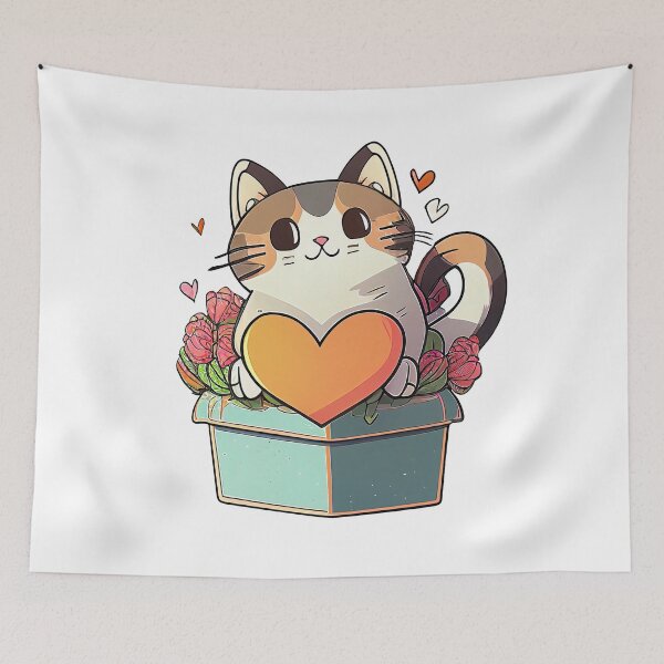 Item preview, A Cat in a Box with Heart and Flowers - Gift For Valentine's day designed and sold by Melcu.