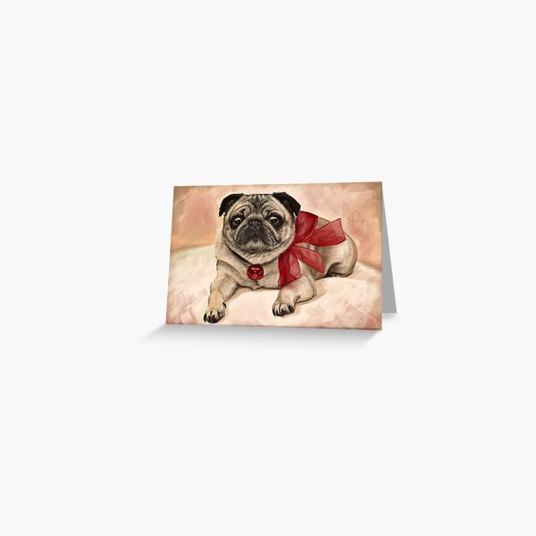 Christmas pug with a red bow Greeting Card
