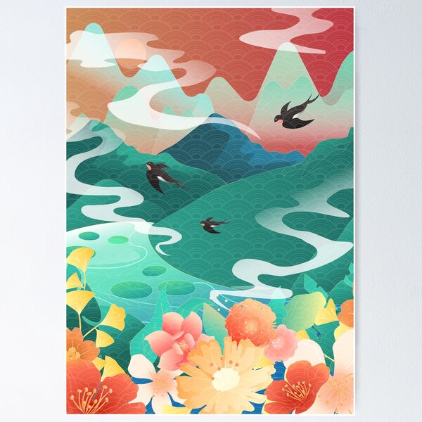 Item preview, swallows surrounded by mountains,  forests and rivers, designed and sold by UnaWu533.