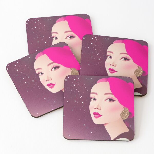 Item preview, Woman with pink hair in front of a pink starry sky designed and sold by Girly-Universe.