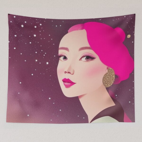 Item preview, Woman with pink hair in front of a pink starry sky designed and sold by Girly-Universe.