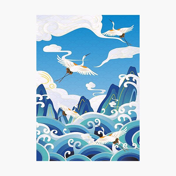 Item preview, auspicious sea waves alpine auspicious clouds crane  shading designed and sold by UnaWu533.