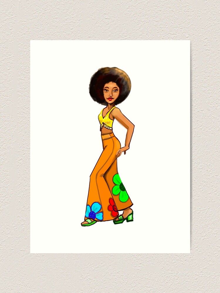 Retro 60s and 70s Chic girl in Afro and flower power pattern bell bottom  pants- groovy 1960s and 1970s retro Kids T-Shirt for Sale by Artonmytee