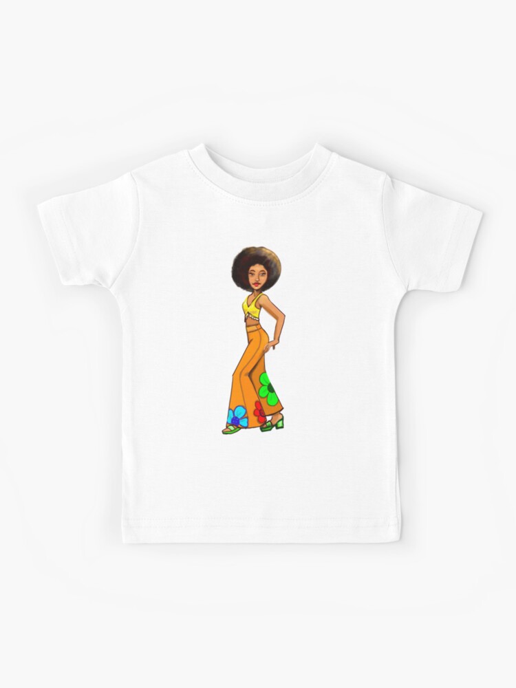 Retro 60s and 70s Chic girl in Afro and flower power pattern bell bottom  pants- groovy 1960s and 1970s retro Kids T-Shirt for Sale by Artonmytee