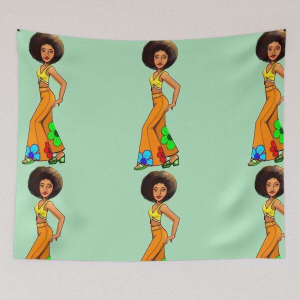 Item preview, Retro 60s and 70s Chic girl in Afro and flower power pattern bell bottom pants- groovy 1960s and 1970s retro designed and sold by Artonmytee.