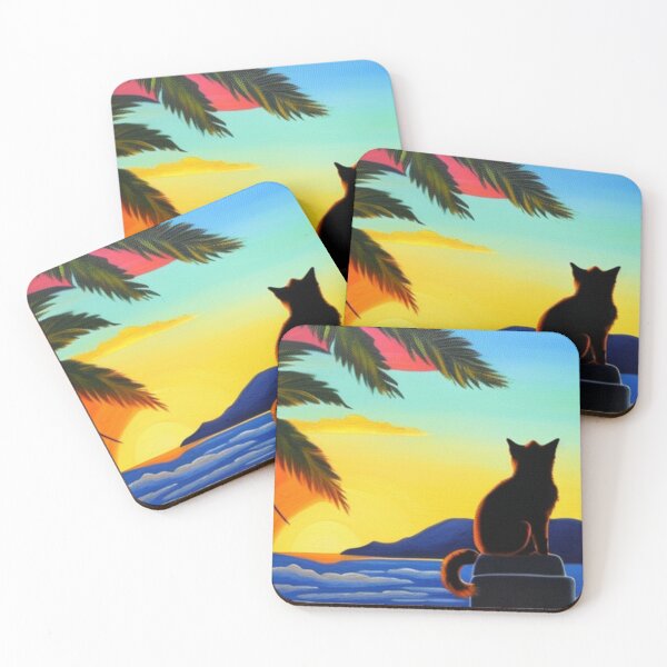 Item preview, Cartoon Cat Watching the Sunset From a Tropical Beach designed and sold by HanaiPrint.
