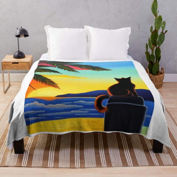 Item preview, Cartoon Cat Watching the Sunset From a Tropical Beach designed and sold by HanaiPrint.