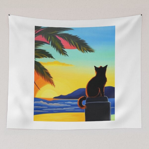 Item preview, Cartoon Cat Watching the Sunset From a Tropical Beach designed and sold by HanaiPrint.
