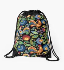 Folk Roosters Drawstring Bag