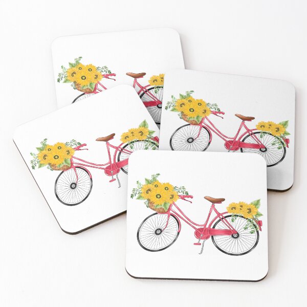Item preview, Pink female bycicle with lots of sunflowers, aquarelle designed and sold by EmeraldeaArt.