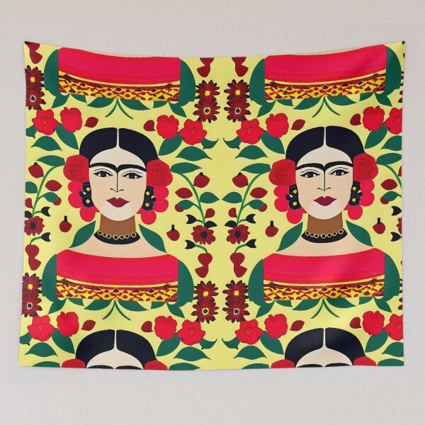 Item preview, Mexican Folk Art, beautiful lady in green, yellow and red, Inspired by Frida Kalho designed and sold by RoyalRepublics.