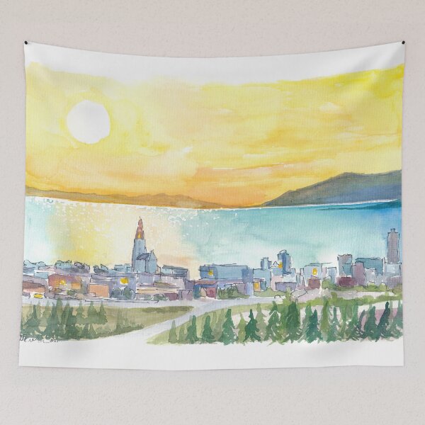 Item preview, Amazing View of Reykjavik Iceland with Hallgrimskirkja Church and Sea during Sunset designed and sold by artshop77.