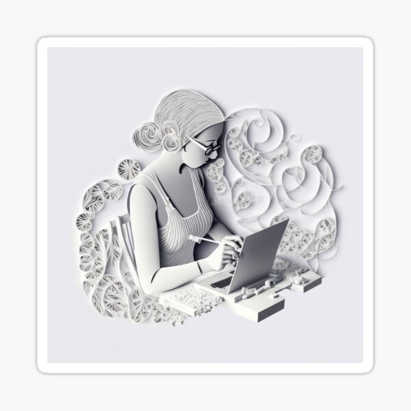 Paper Art Illustration of woman working at laptop Sticker