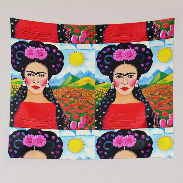 Item preview, Mexican Folk Art, beautiful lady in red poppies. Inspired by Frida Kahlo designed and sold by RoyalRepublics.