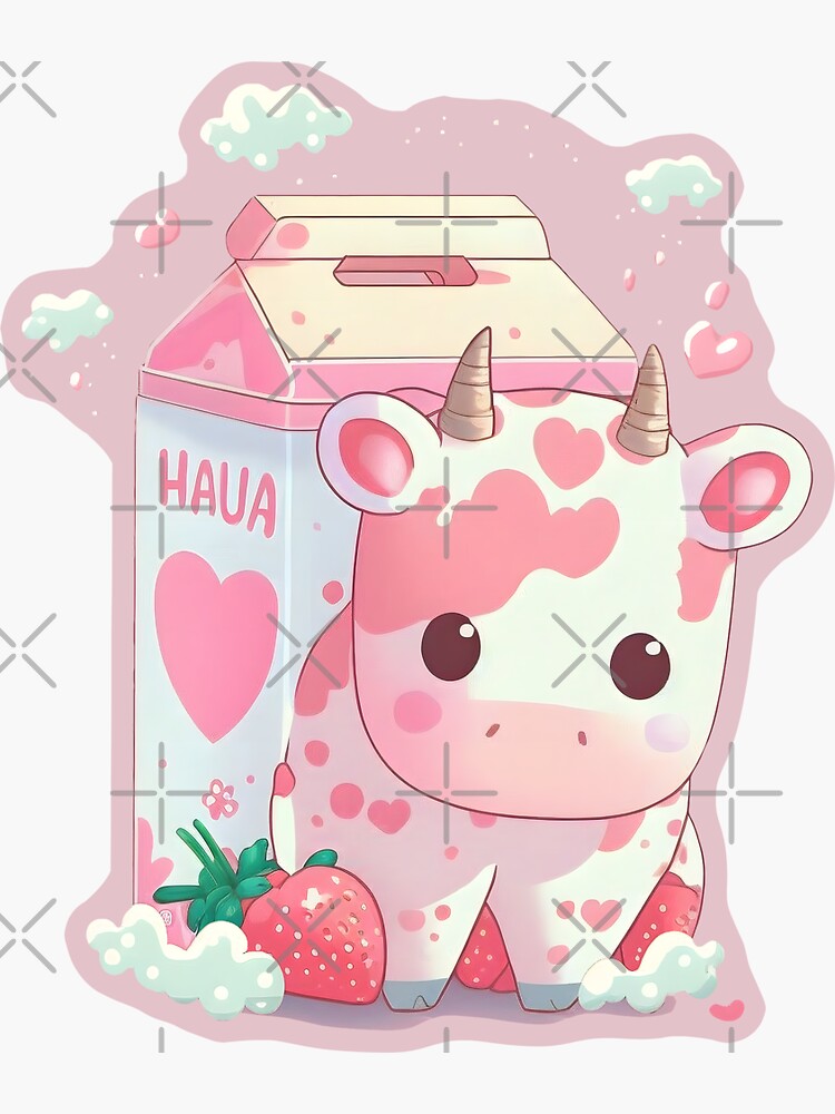 Strawberry Cow Milk Milkshake Carton Kawaii Cute Japanese Pink Lofi |  Sticker