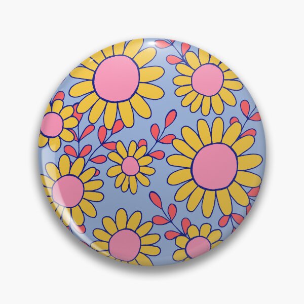 Item preview, Retro 70s daisy flowers botanical pattern in blue, pink and yellow designed and sold by Illustrated by Nat.