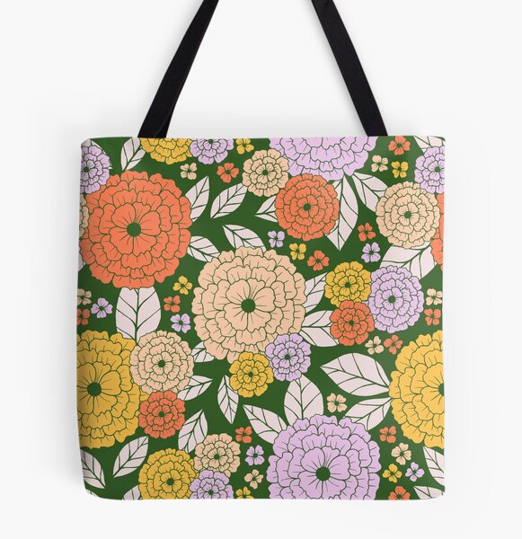 70s vintage retro flowers botanical pattern in dark green | Tote Bag