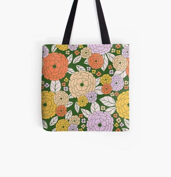 70s vintage retro flowers botanical pattern in dark green | Tote Bag