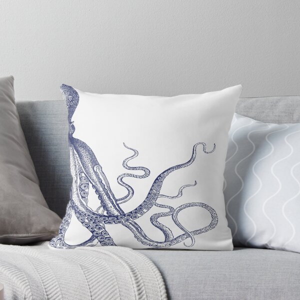 Aperçu de l'œuvre Demi-pieuvre | Côté droit | Pieuvre vintage | Tentacules | Créatures marines | Nautique | Océan | Mer | Plage | Diptyque | Bleu marine et blanc | créée et vendue par EclecticAtHeart.