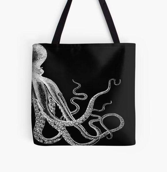 Half Octopus | Right Side | Vintage Octopus | Tentacles | Sea Creatures | Nautical | Ocean | Sea | Beach | Diptych | Black and White |   All Over Print Tote Bag