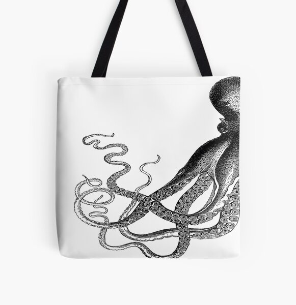 Half Octopus | Left Side | Vintage Octopus | Tentacles | Sea Creatures | Nautical | Ocean | Sea | Beach | Diptych | Black and White | All Over Print Tote Bag