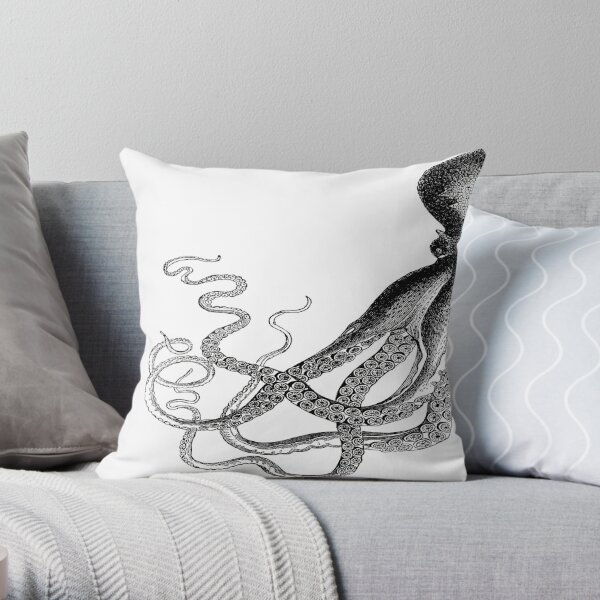 Half Octopus | Left Side | Vintage Octopus | Tentacles | Sea Creatures | Nautical | Ocean | Sea | Beach | Diptych | Black and White |  Throw Pillow