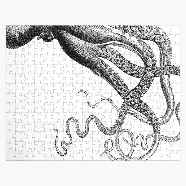 Half Octopus | Left Side | Vintage Octopus | Tentacles | Sea Creatures | Nautical | Ocean | Sea | Beach | Diptych | Black and White | Jigsaw Puzzle