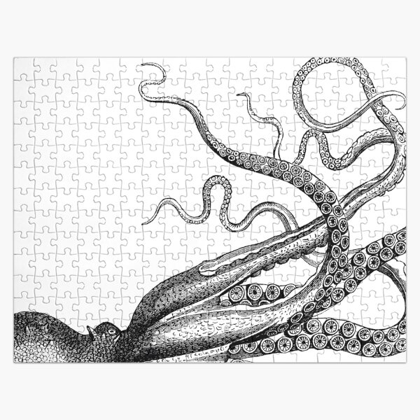 Half Octopus | Right Side | Vintage Octopus | Tentacles | Sea Creatures | Nautical | Ocean | Sea | Beach | Diptych | Black and White | Jigsaw Puzzle