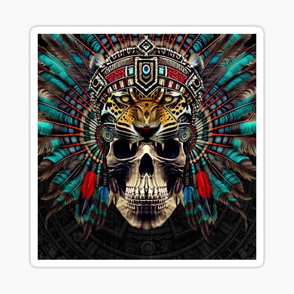 Aztec Jaguar Warrior Skull, Sticker, Decal Vinyl, Mexico