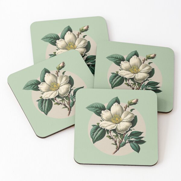 Item preview, white tree flower blossom (with light brown circle background), inspired by Redouté designed and sold by EmeraldeaArt.