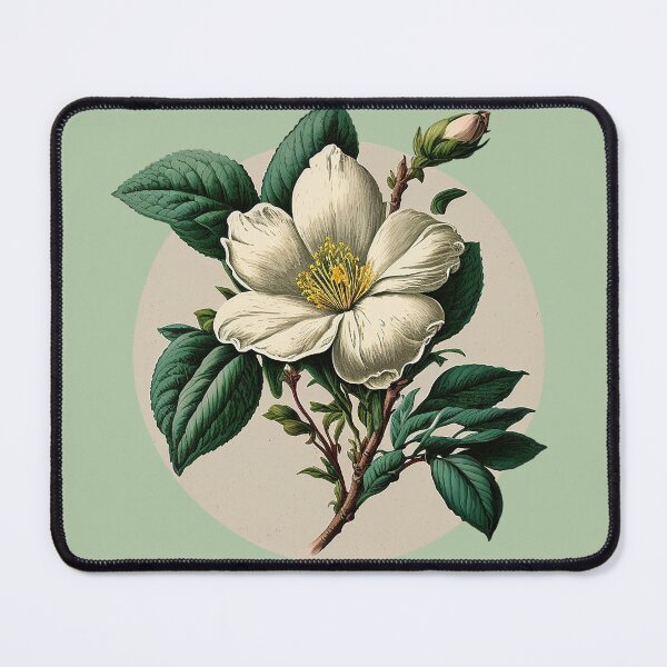Item preview, white tree flower blossom (with light brown circle background), inspired by Redouté designed and sold by EmeraldeaArt.