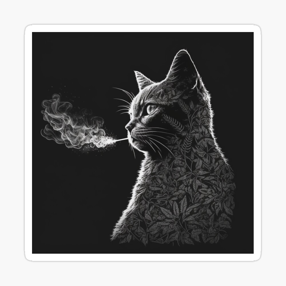 Cat smoking weed line art