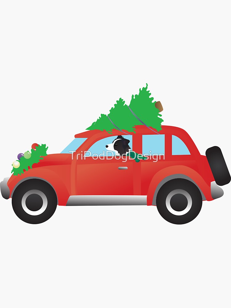 Thumbnail 3 of 3, Sticker, Border Collie Driving a Christmas Car with a Tree on Top designed and sold by TriPodDogDesign.