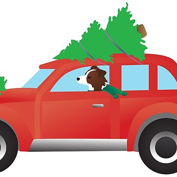 Artwork thumbnail, Red Border Collie Driving a Christmas Car with a Tree on Top by TriPodDogDesign