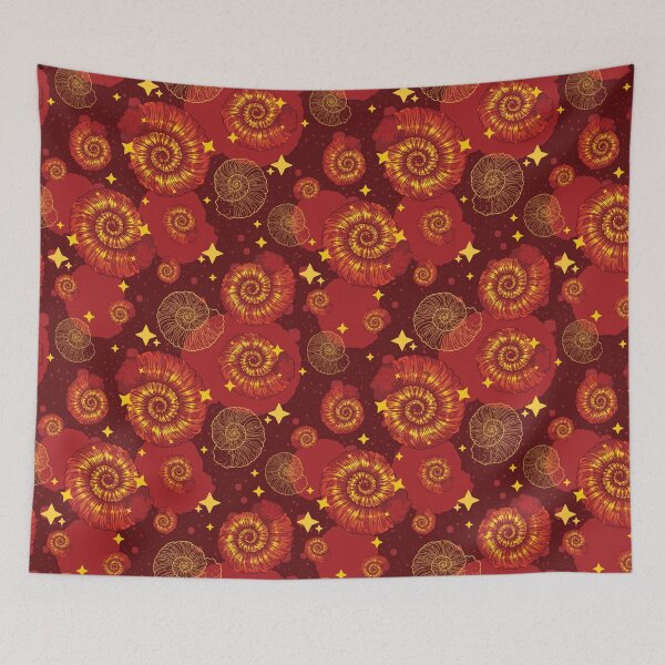 Item preview, Shiny Ammonite Pattern | Fossil Prehistory Paleo Paleoart Dinosaur Jurassic History Palaeontology Paleozoology Shell Orange Red Bright  designed and sold by itsstrangetimes.