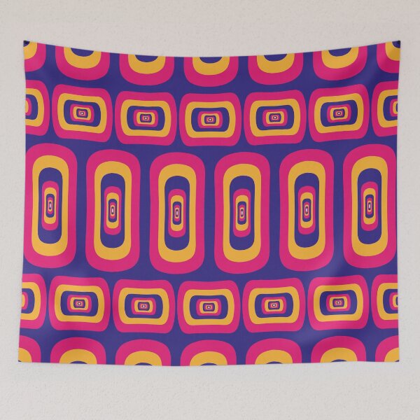 Item preview, Flower power vintage hippie 60s style psychedelic print with geometric shapes in fuchsia, blue and yellow designed and sold by Martapp.