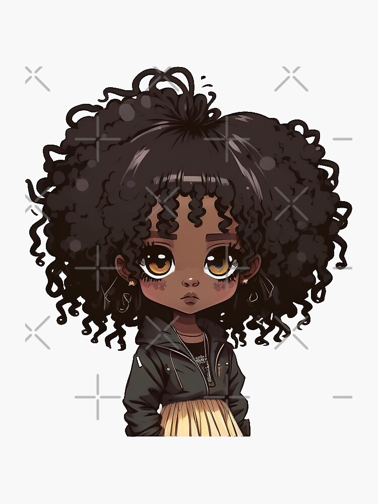 Illustration of a dark-skinned anime girl with glasses and curly hair