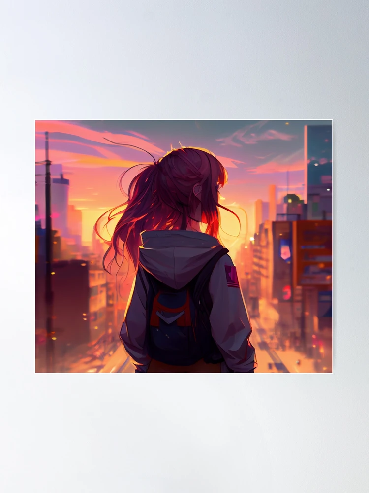 Anime girl with city background Poster for Sale by Tamy's Kawai Art