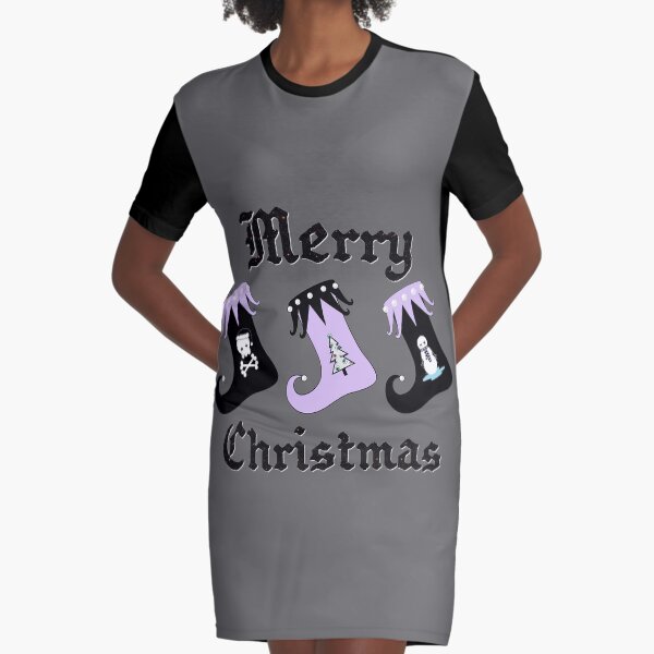 Merry Christmas Pastel Goth Elf Stockings Graphic T-Shirt Dress