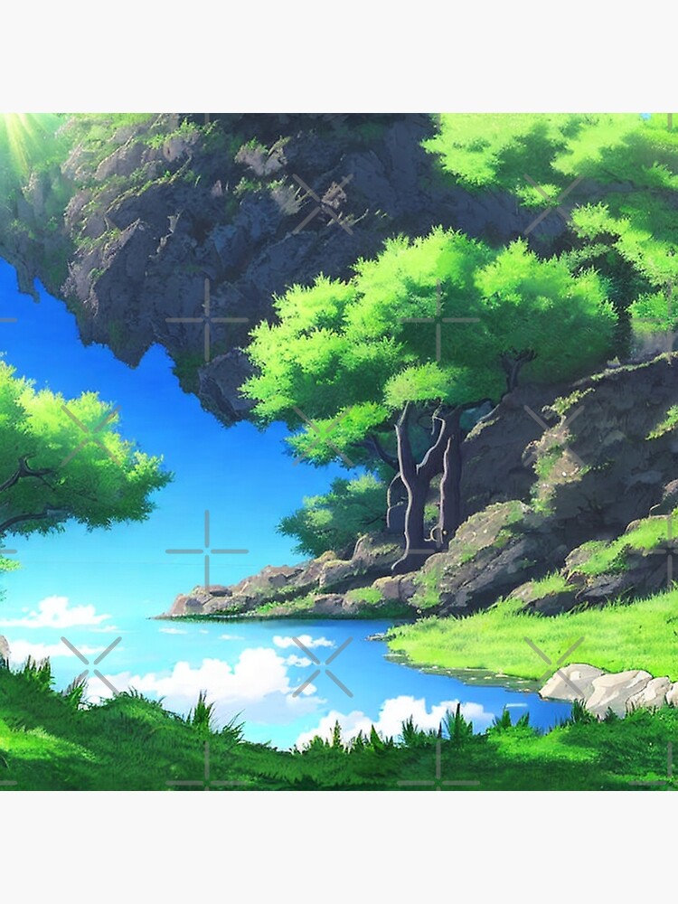KREA - high detail sharp anime gouache background , big forest and house  near lake , cyan background atmosphere , panorama painting by kyoto  animation