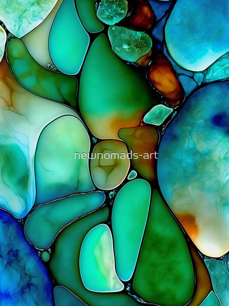 Sea Glass Abstract in Jade, Dark Green, Cobalt, Amber - Ink on