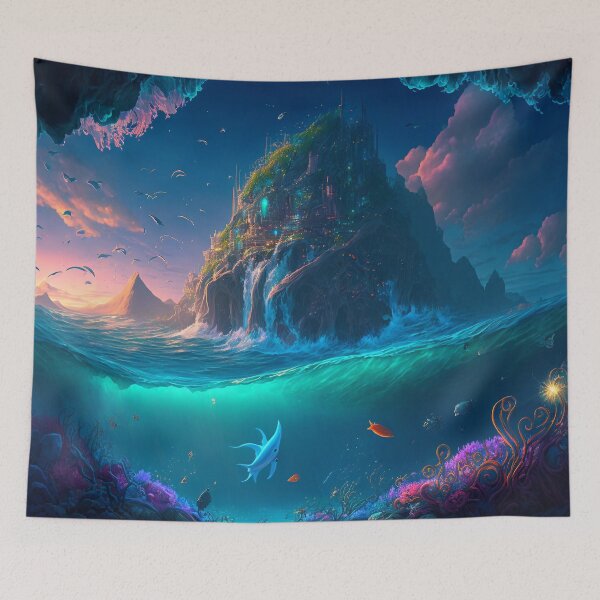 Artikelvorschau, Fantasy Water World Seascape Art 01 - Bunte Cartoon-Reise entworfen und verkauft von Sunchaser World.