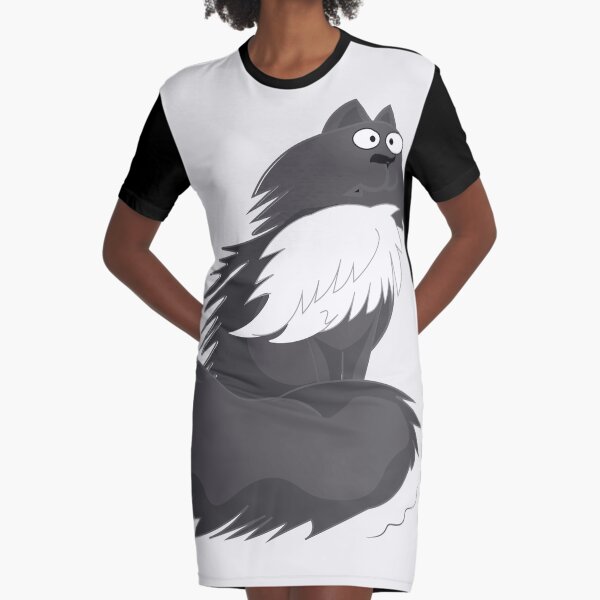 Hand-drawn Digital Art. Fun Cat' Story Graphic T-Shirt Dress