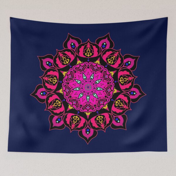 Item preview, Bright Pink Multicolor Mandala Pattern with Navy Blue Background designed and sold by IridescentSea.