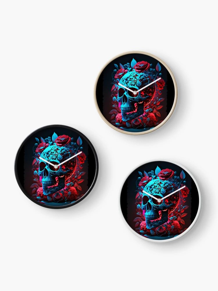 Thumbnail 3 of 4, Clock, Colorful Roses Skull designed and sold by YM-ART.