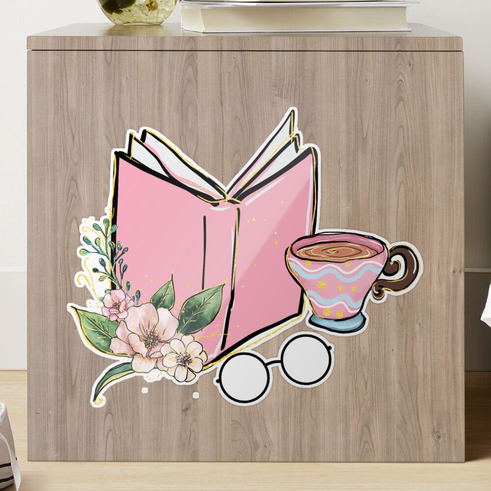 aesthetic books and tea cup - pink Sticker for Sale by