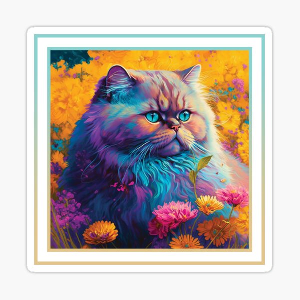 Voluptuous Persian Cat Vibrant Tropical Flower Digital Oil Painting Pet Portrait Sticker