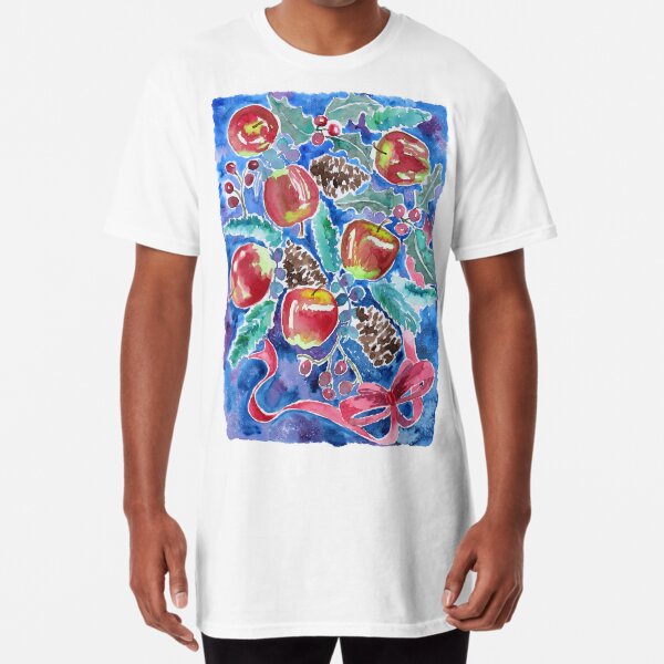Watercolor Christmas Winter Apples Berries Fir Leaves Pinecones Long T-Shirt